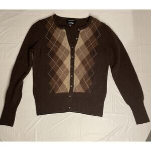 Apt 9 Cardigan Womens Medium Chocolate 100% Cashmere Sweater Argyle Ladies